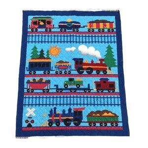 Vintage Dream Spinners VIP Cranston Fabric Panel Quilted Trains Blue 34x43 In